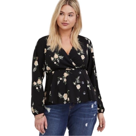 Torrid Black Floral Crepe Surplice Midi Peplum Top Long Sleeve, size 4 (4X) EUC - Picture 4 of 6